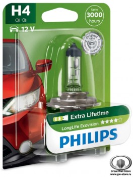 Лампа галогенная H4 Philips LongLife EcoVision 12V 60/55W (блистер 1шт)